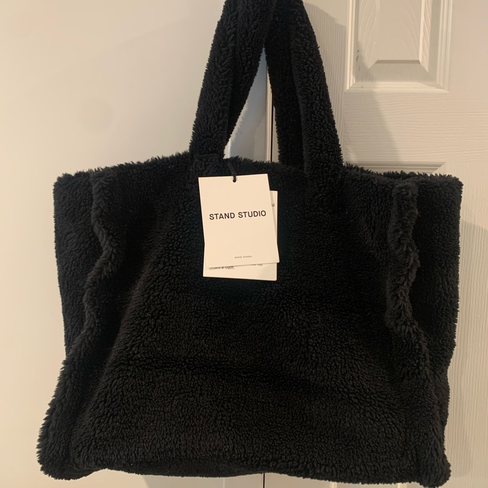 Stand Studio large Black Faux Shearling tote bag